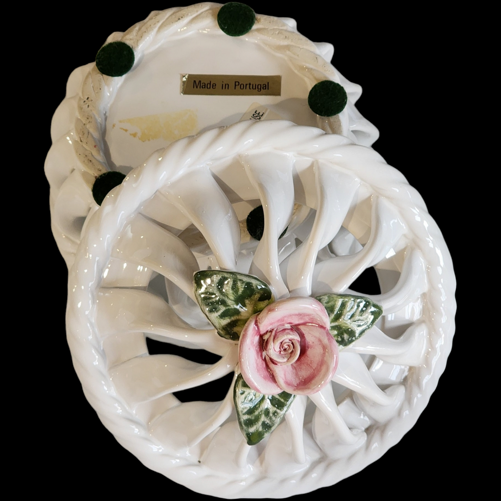 White Majolica Potpourri Basket Weave Lattice Covered Bowl Made in Portugal