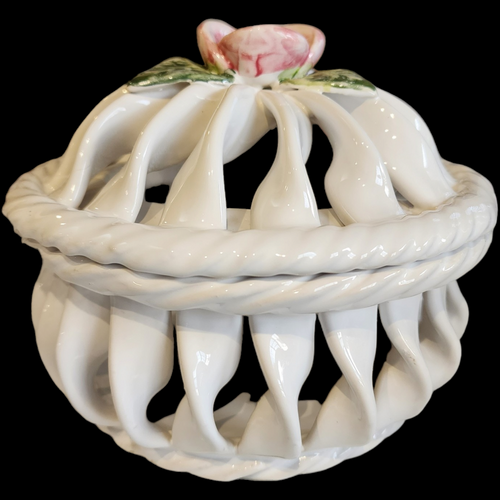 White Majolica Potpourri Basket Weave Lattice Covered Bowl Made in Portugal