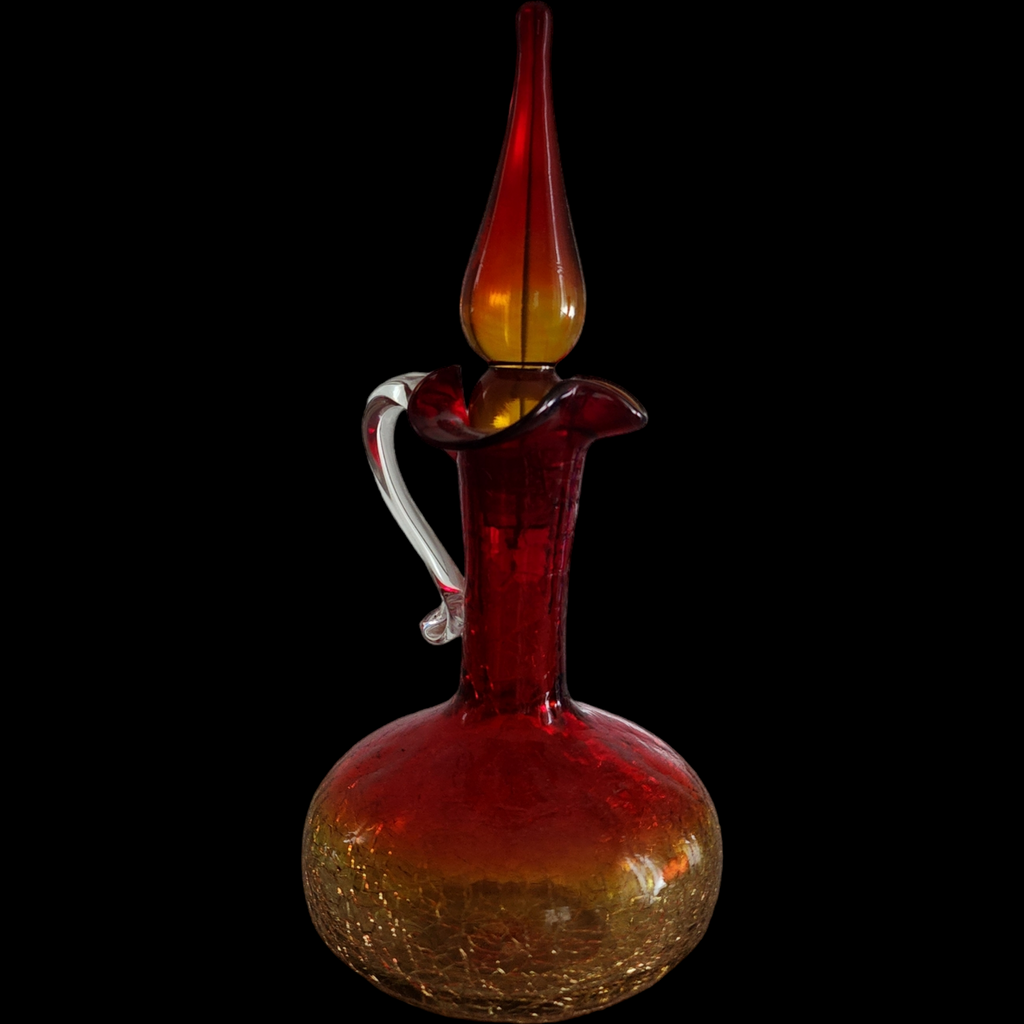 10" Williamsburg Co. Va Crackle Glass Handblown Amberina Creut Decanter