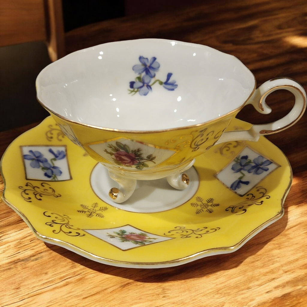 Yellow Rim Pink and Blue Cabbage Roses Cup & Saucer Set