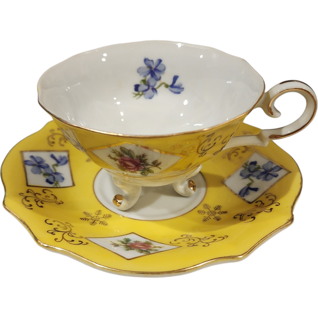 Yellow Rim Pink and Blue Cabbage Roses Cup & Saucer Set