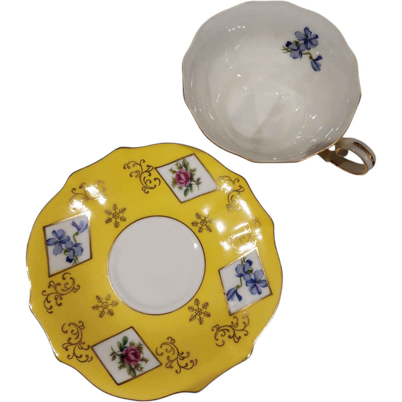 Yellow Rim Pink and Blue Cabbage Roses Cup & Saucer Set