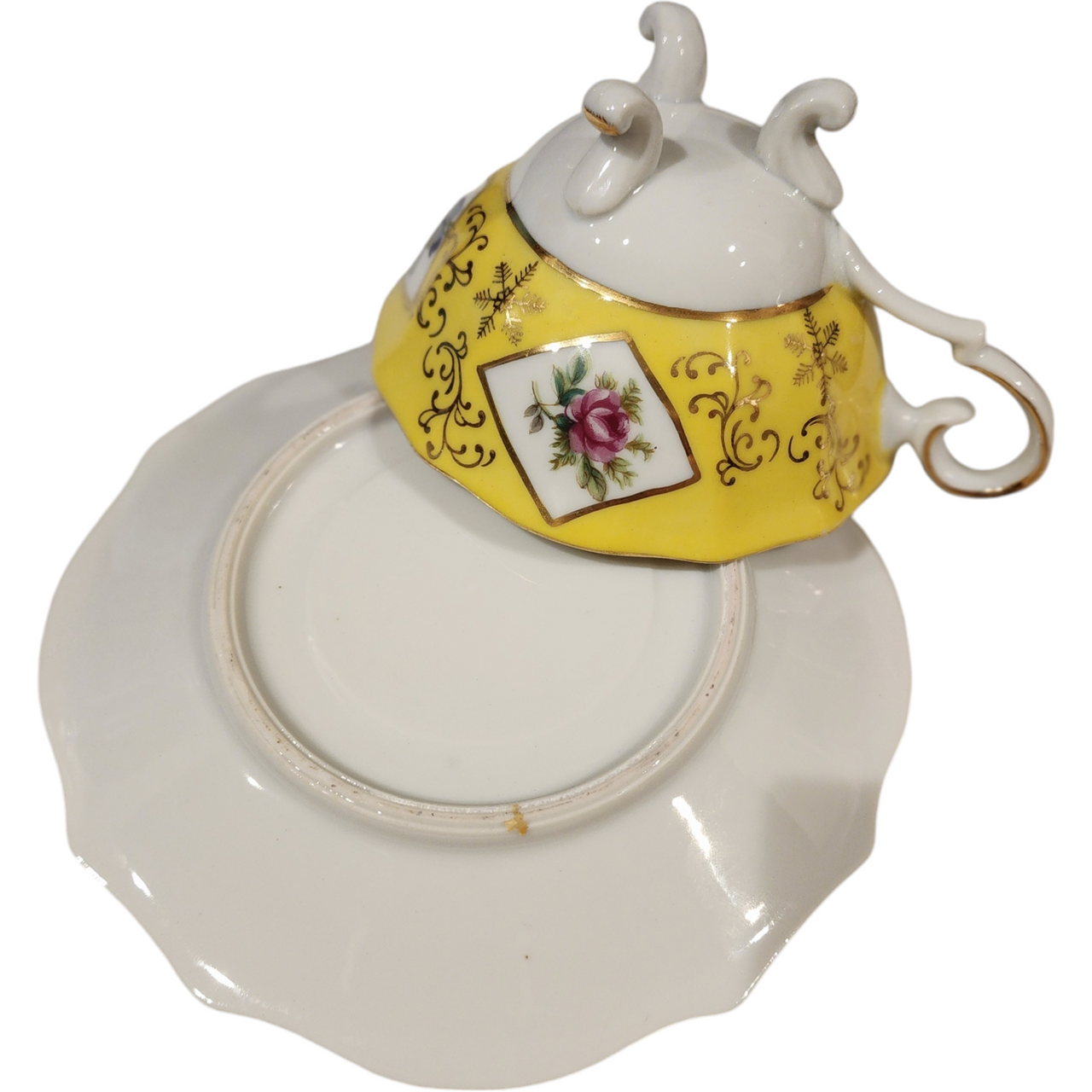 Yellow Rim Pink and Blue Cabbage Roses Cup & Saucer Set