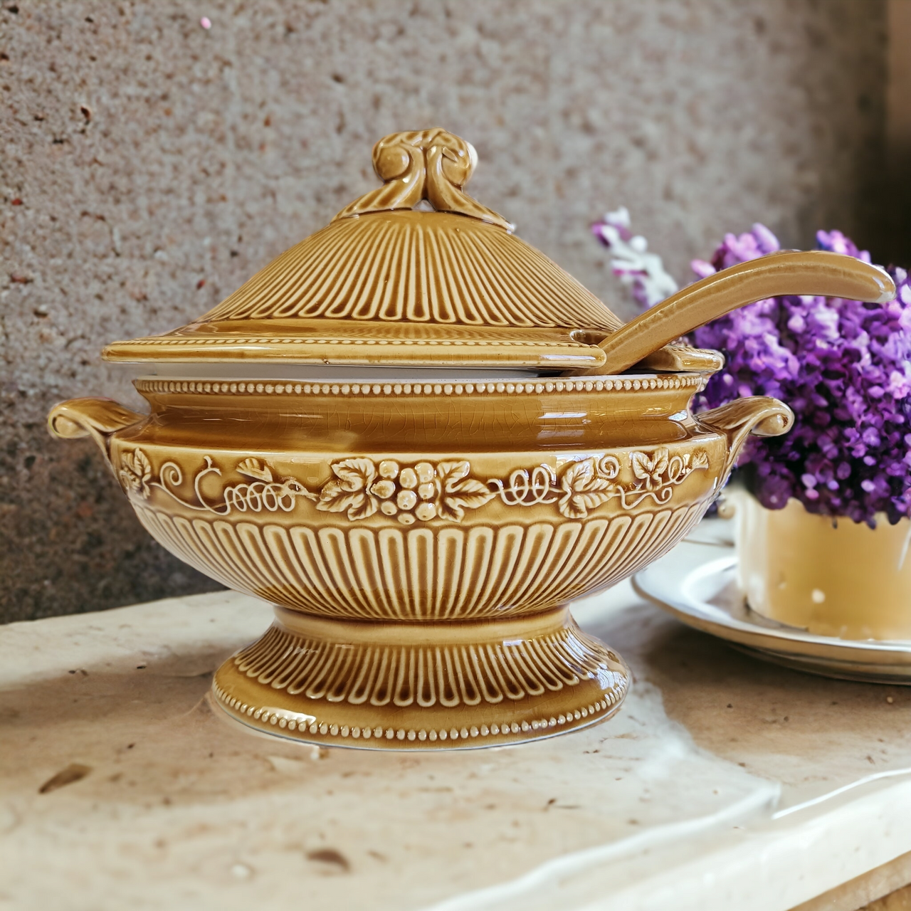Occupied Japan Yellow Soup Tureen with Ladle