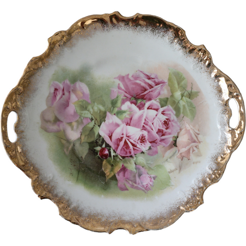 Z S & Co Scherzer Gold Filigree Pink Roses In Center Handled Torte Plate