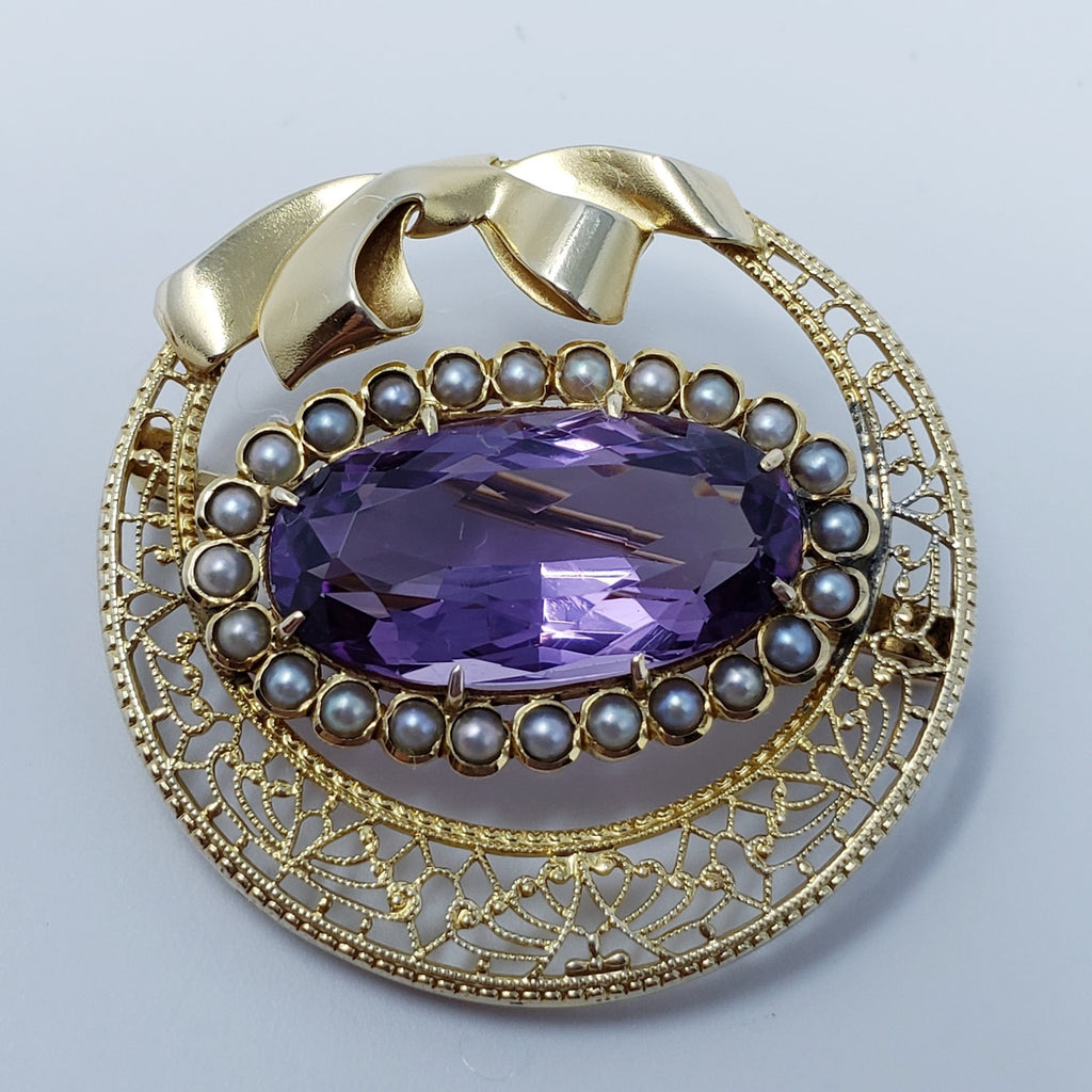 Vintage Natural Amethyst & Pearl Brooch in 14KT Gold