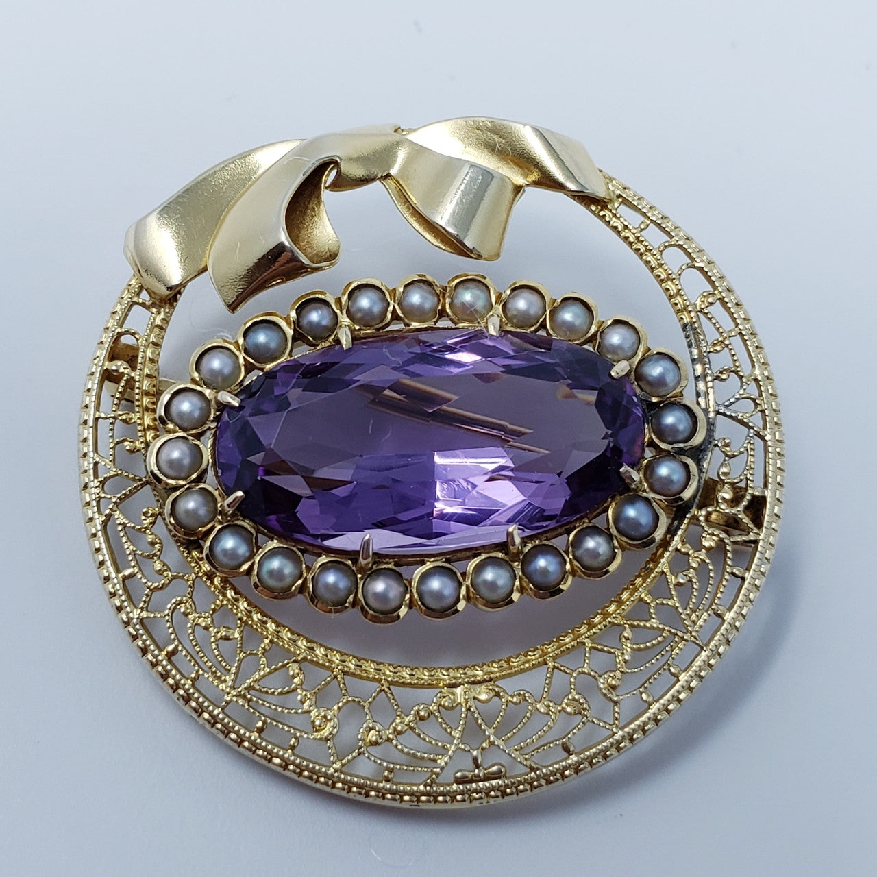 Vintage Natural Amethyst & Pearl Brooch in 14KT Gold