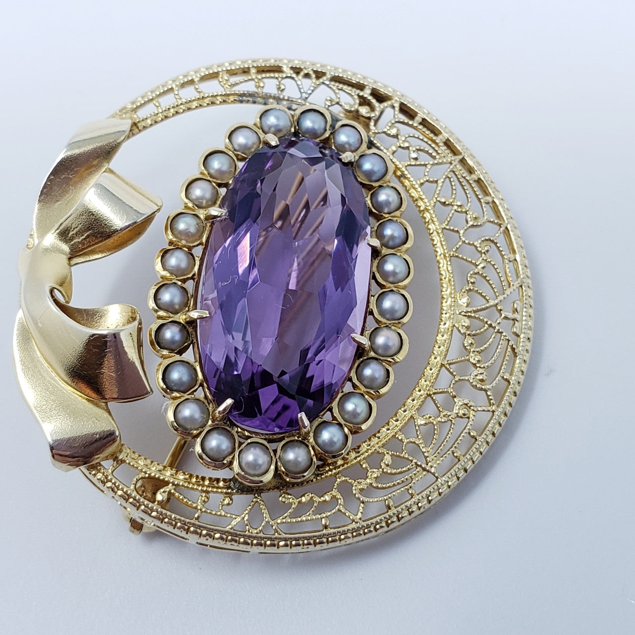 Vintage Natural Amethyst & Pearl Brooch in 14KT Gold