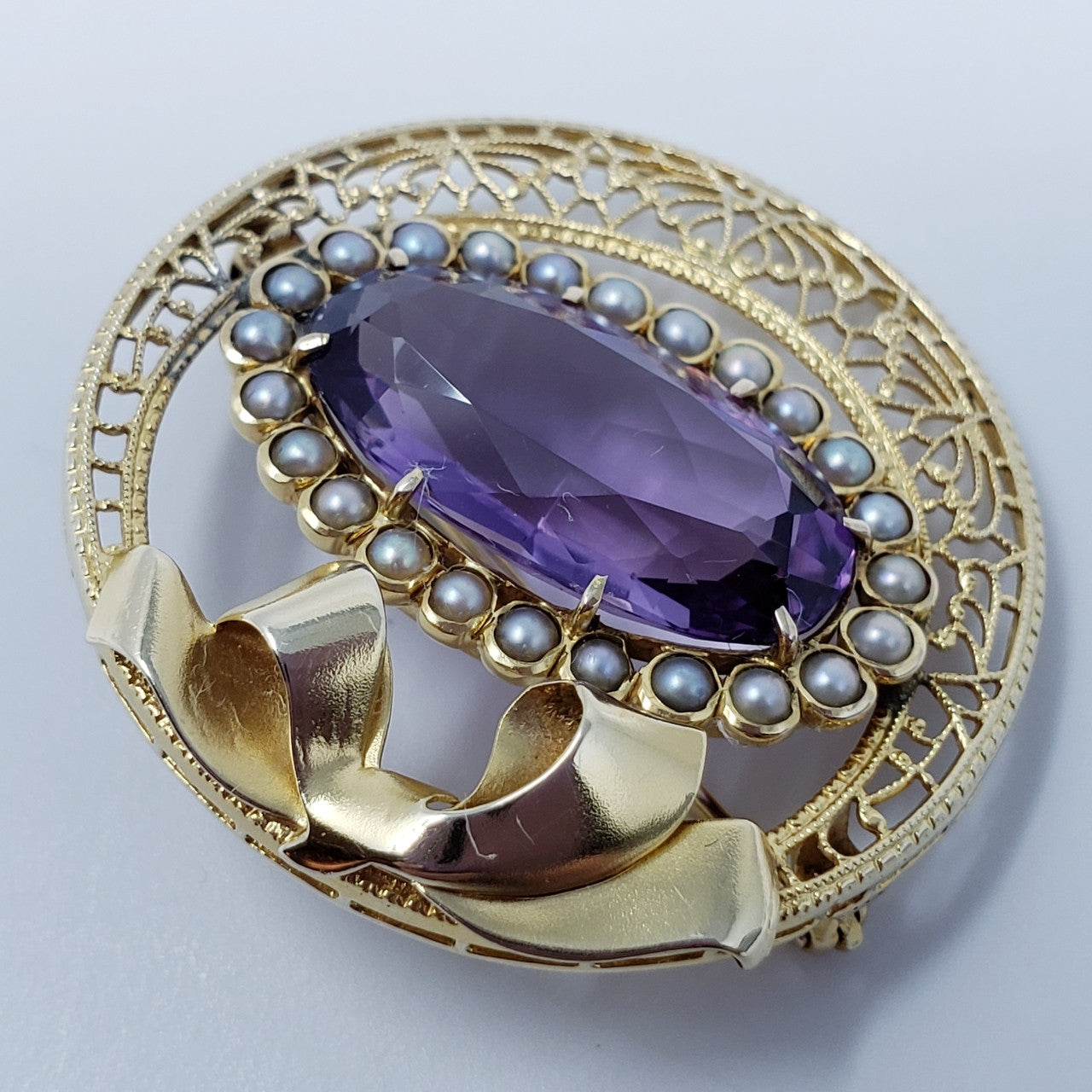 Vintage Natural Amethyst & Pearl Brooch in 14KT Gold