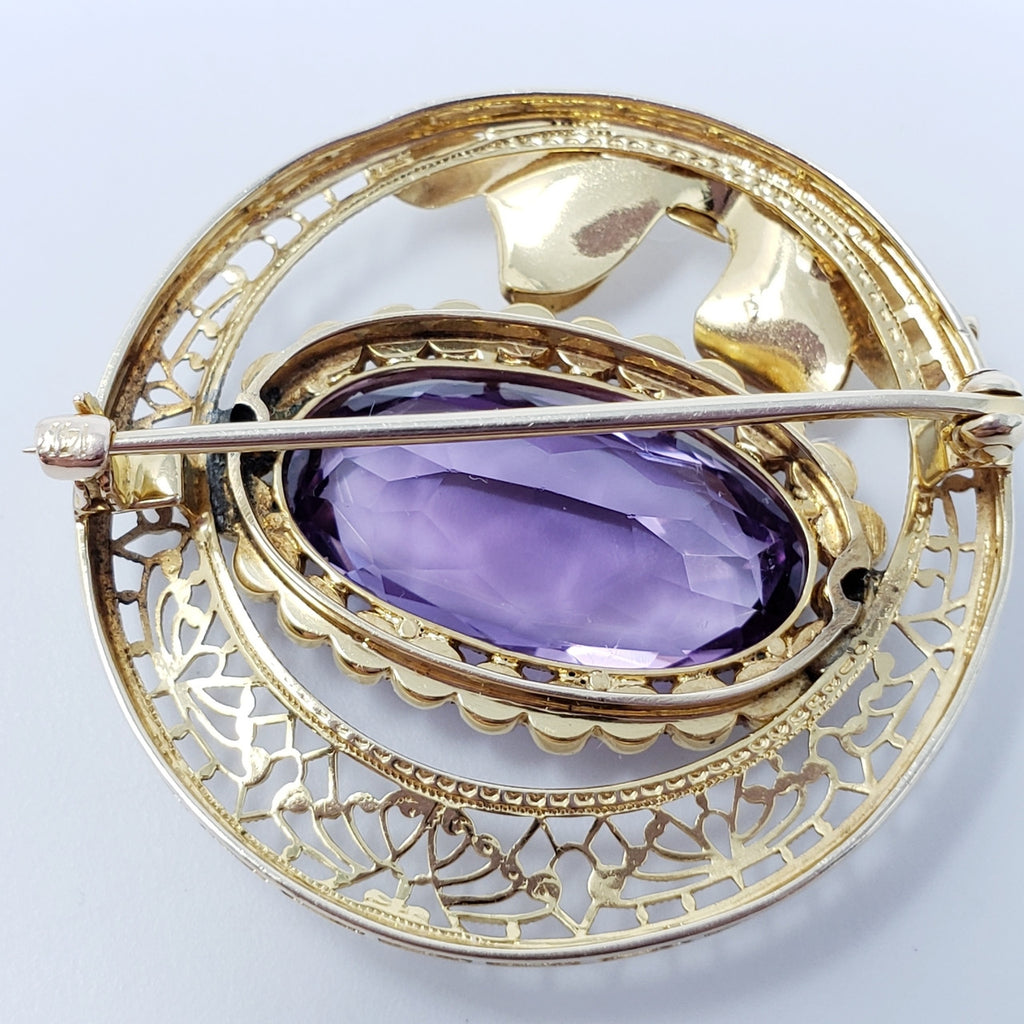Vintage Natural Amethyst & Pearl Brooch in 14KT Gold