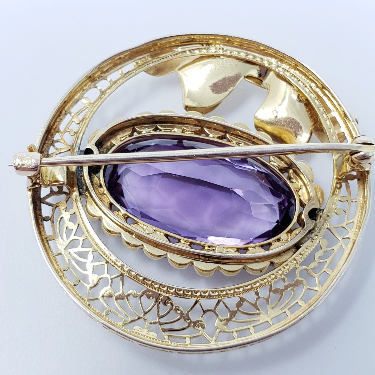 Vintage Natural Amethyst & Pearl Brooch in 14KT Gold
