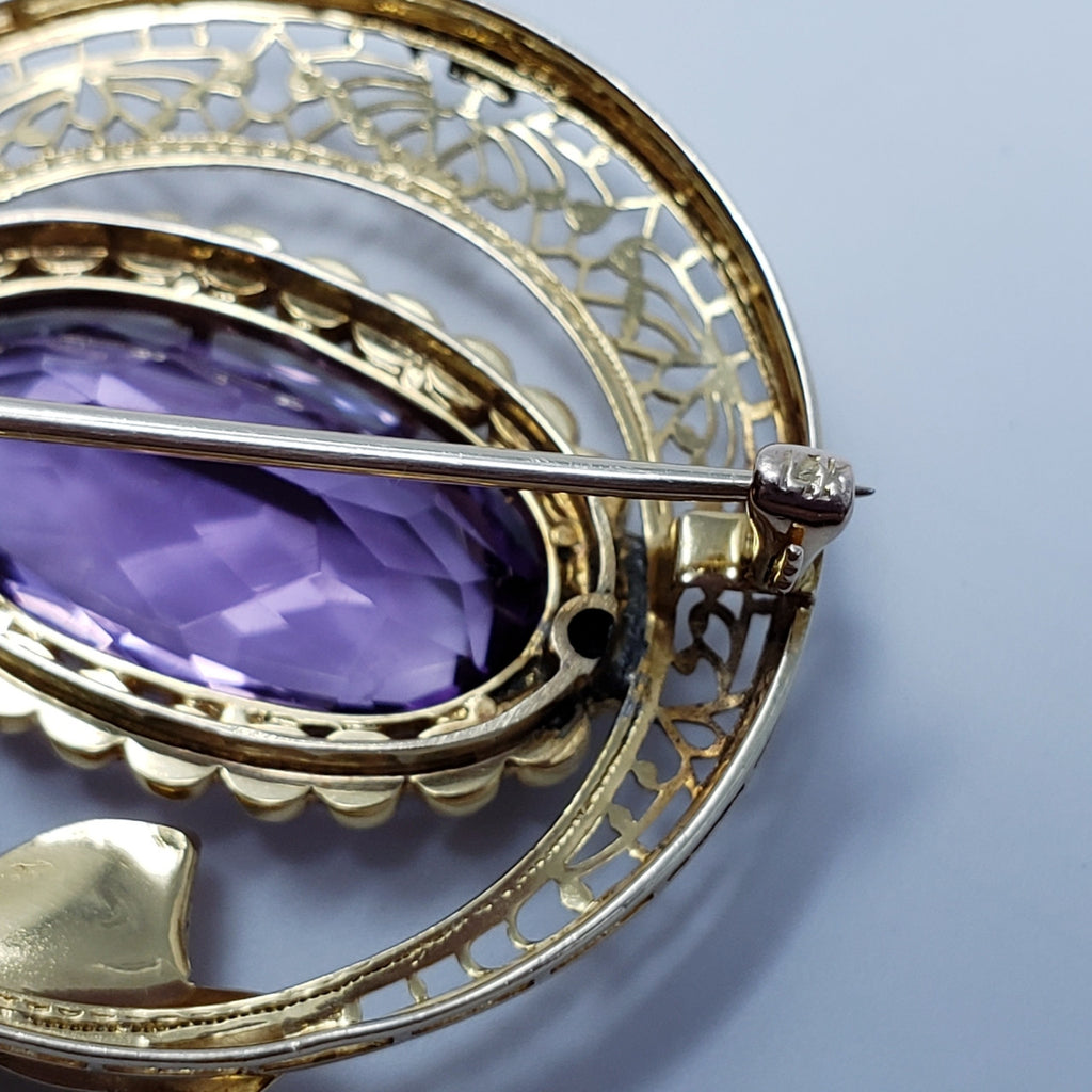 Vintage Natural Amethyst & Pearl Brooch in 14KT Gold