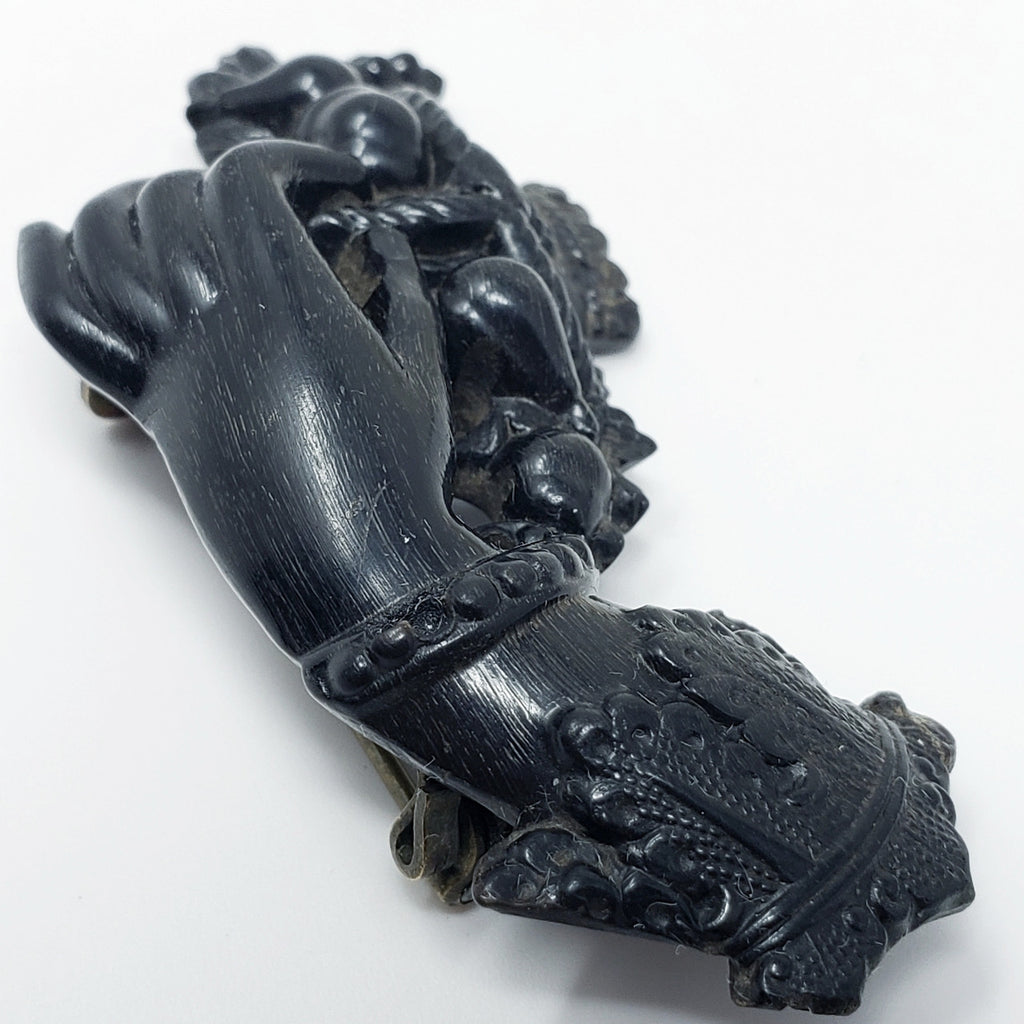 Antique Victorian Mourning Bog Oak Pin in Gilt Brass