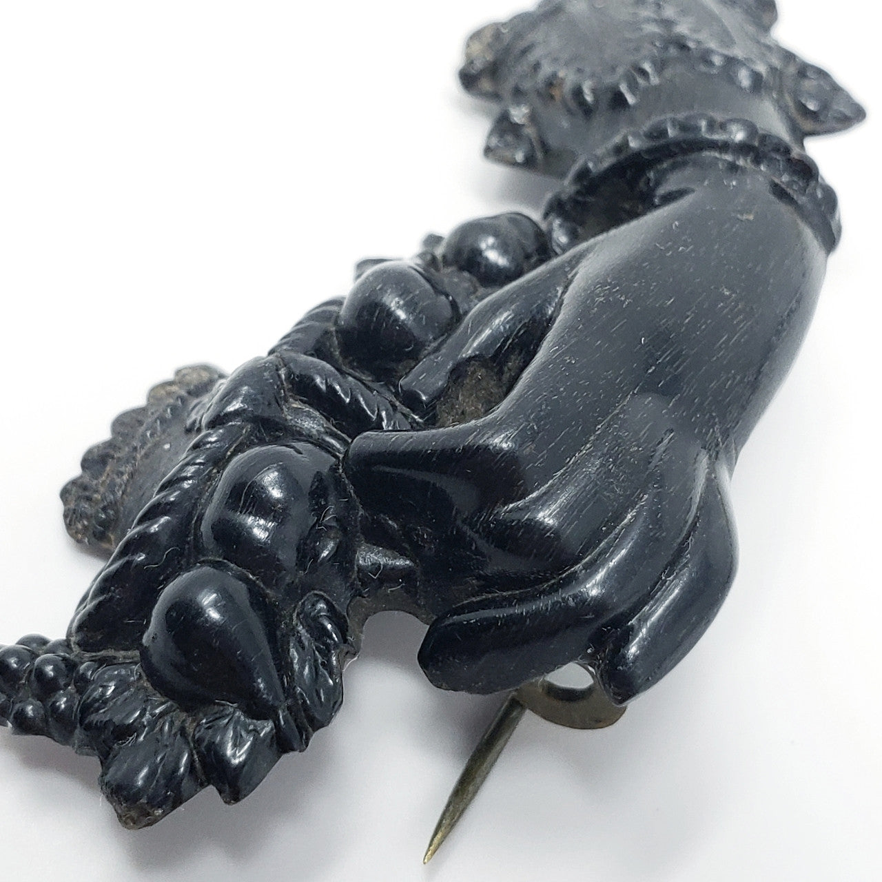 Antique Victorian Mourning Bog Oak Pin in Gilt Brass