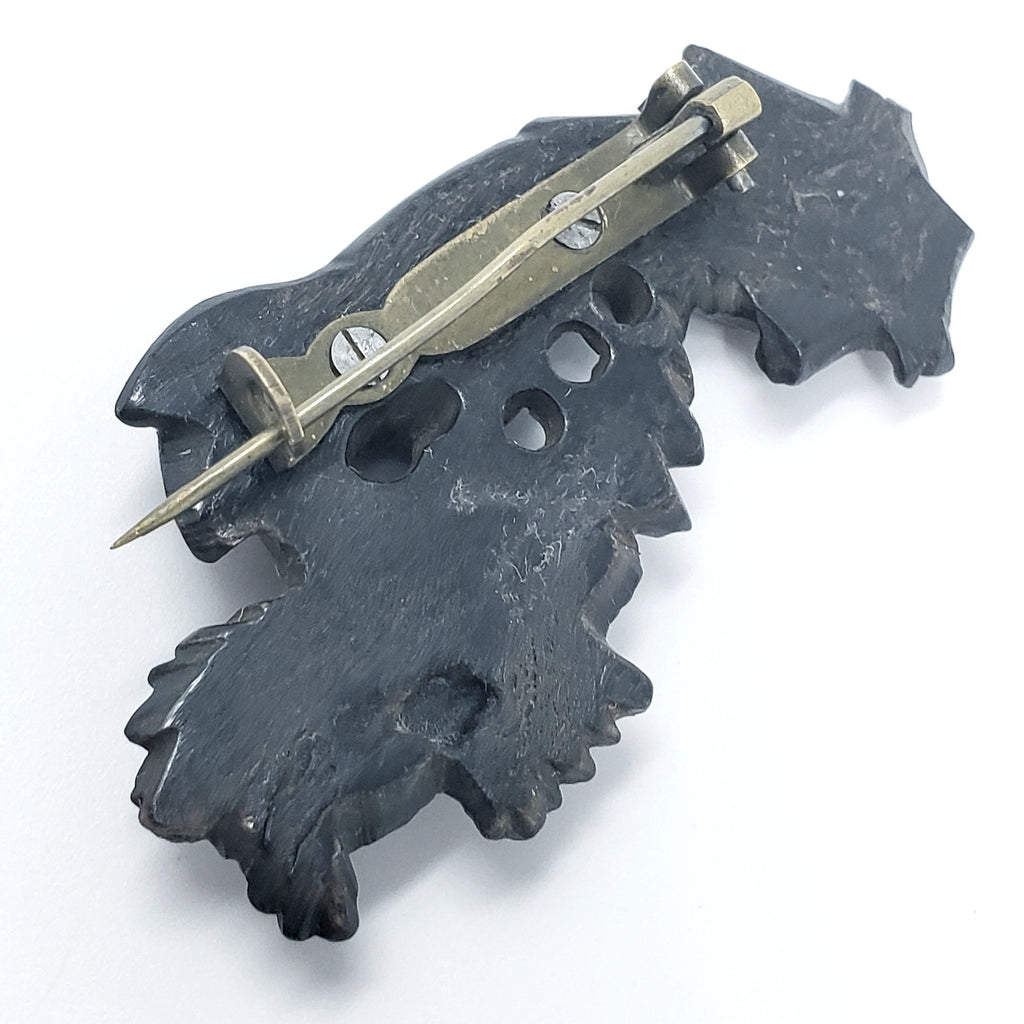 Antique Victorian Mourning Bog Oak Pin in Gilt Brass