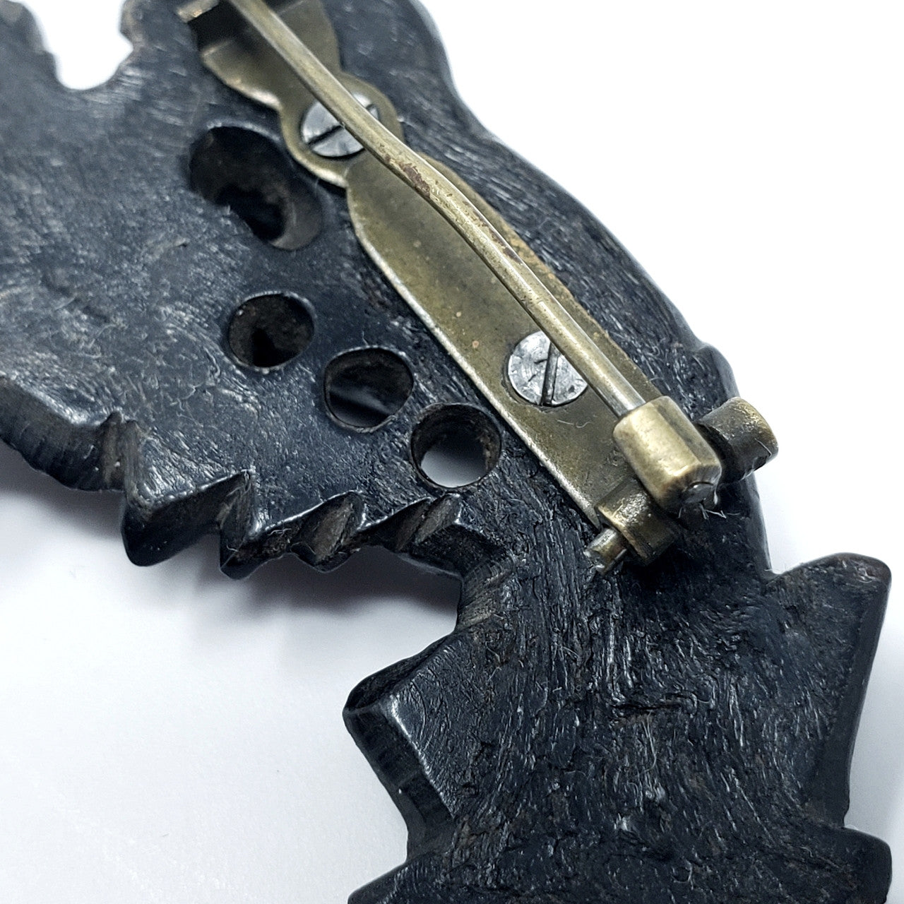 Antique Victorian Mourning Bog Oak Pin in Gilt Brass
