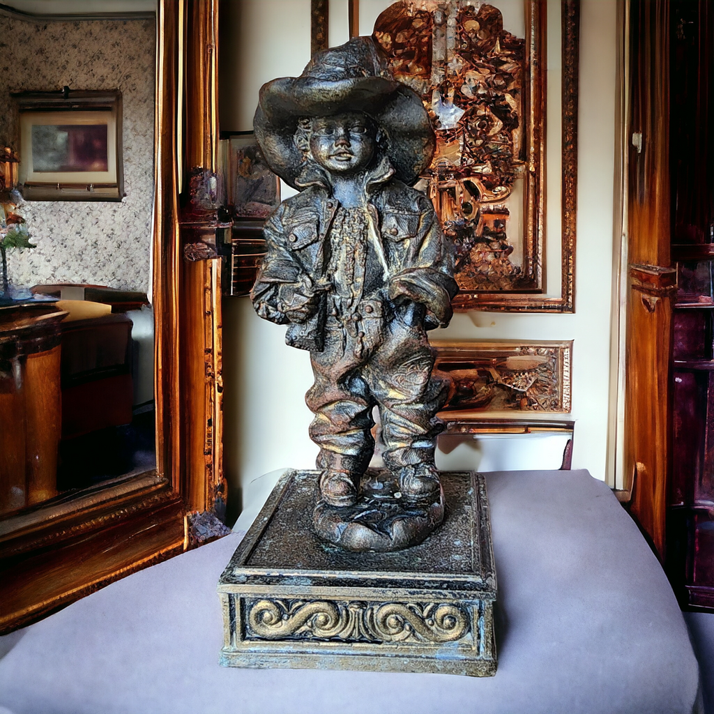 Antique Western Patinated Bronze Young Cowboy Sculpture