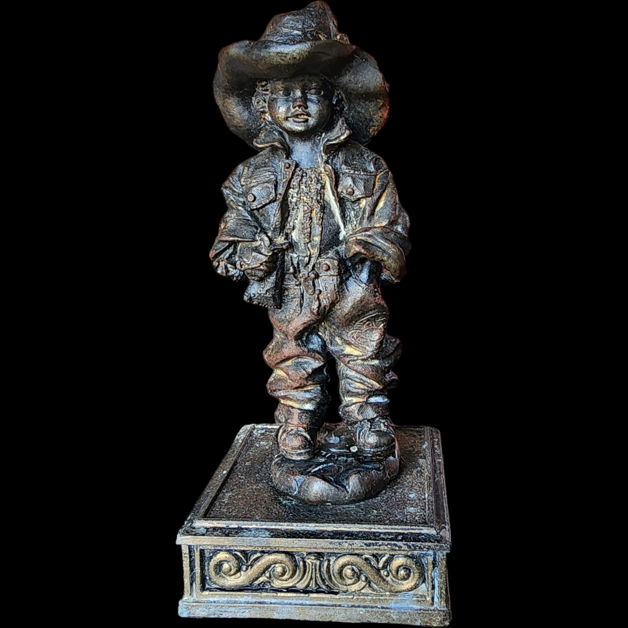 Antique Western Patinated Bronze Young Cowboy Sculpture
