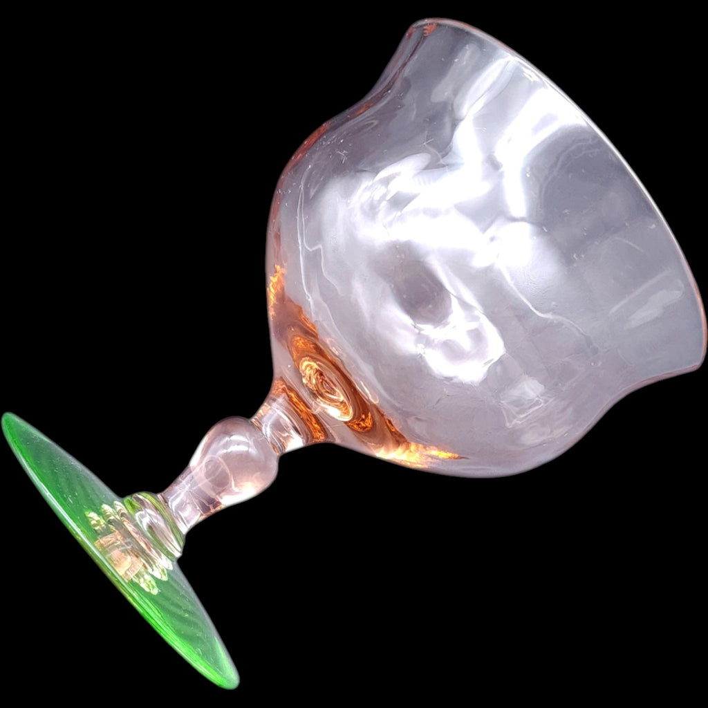 Vintage Weston Pink Glass Footed Sherbet Champagne Glass Green Uranium Base