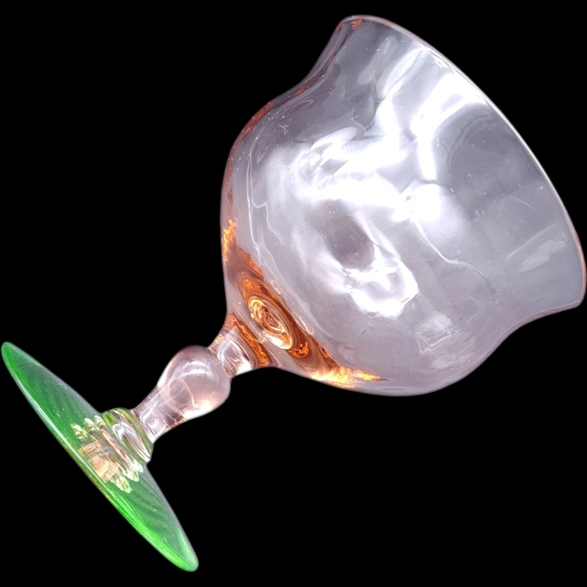 Vintage Weston Pink Glass Footed Sherbet Champagne Glass Green Uranium Base