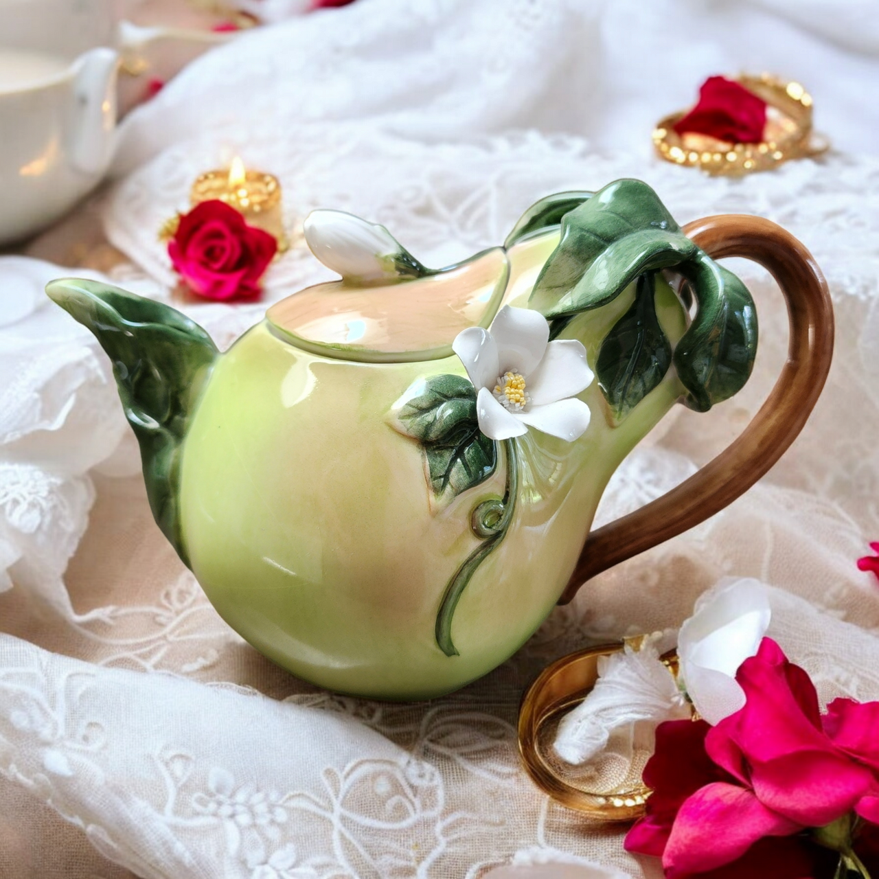 Ambiance Embossed Glazed Porcelain Figural Mini Teapot & Lid