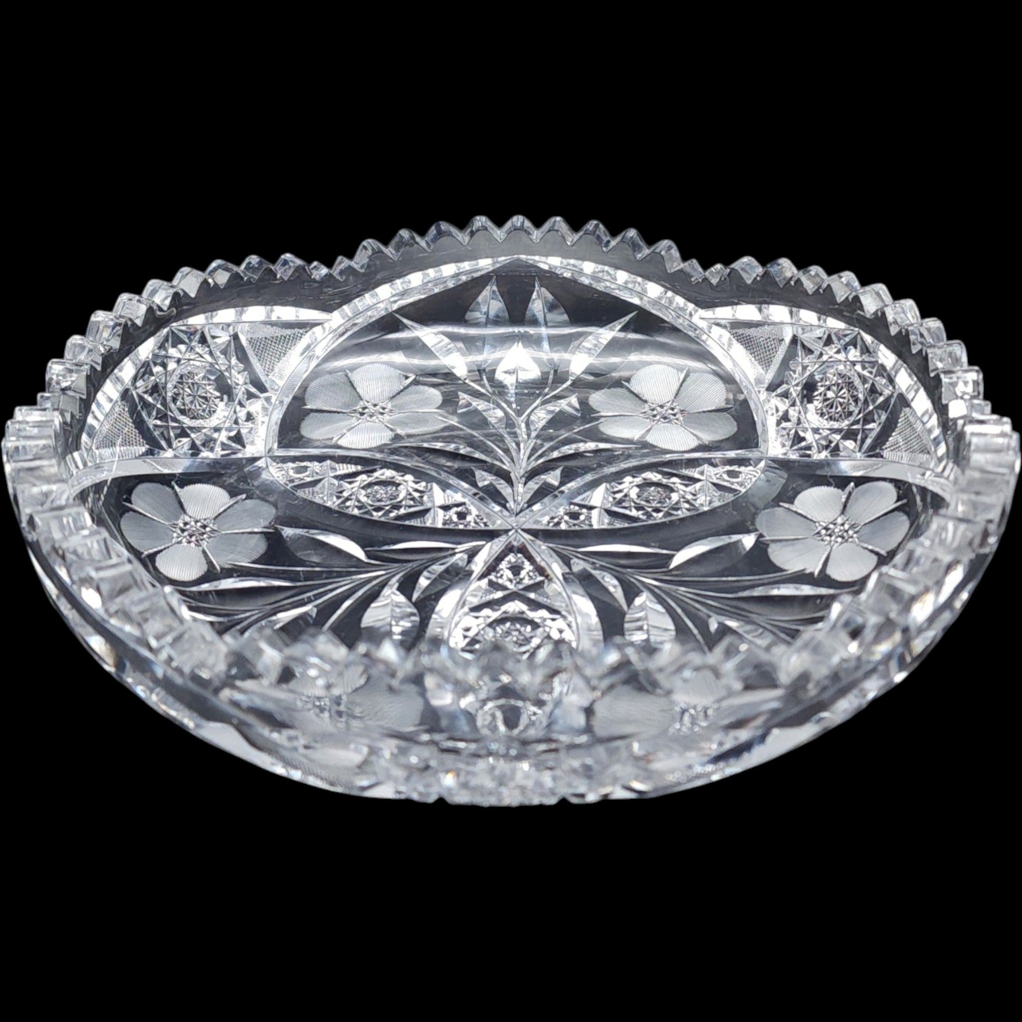 9" Antique American Brilliant Period Cut Glass Floral Bowl Daisy & Hobstar As-Is