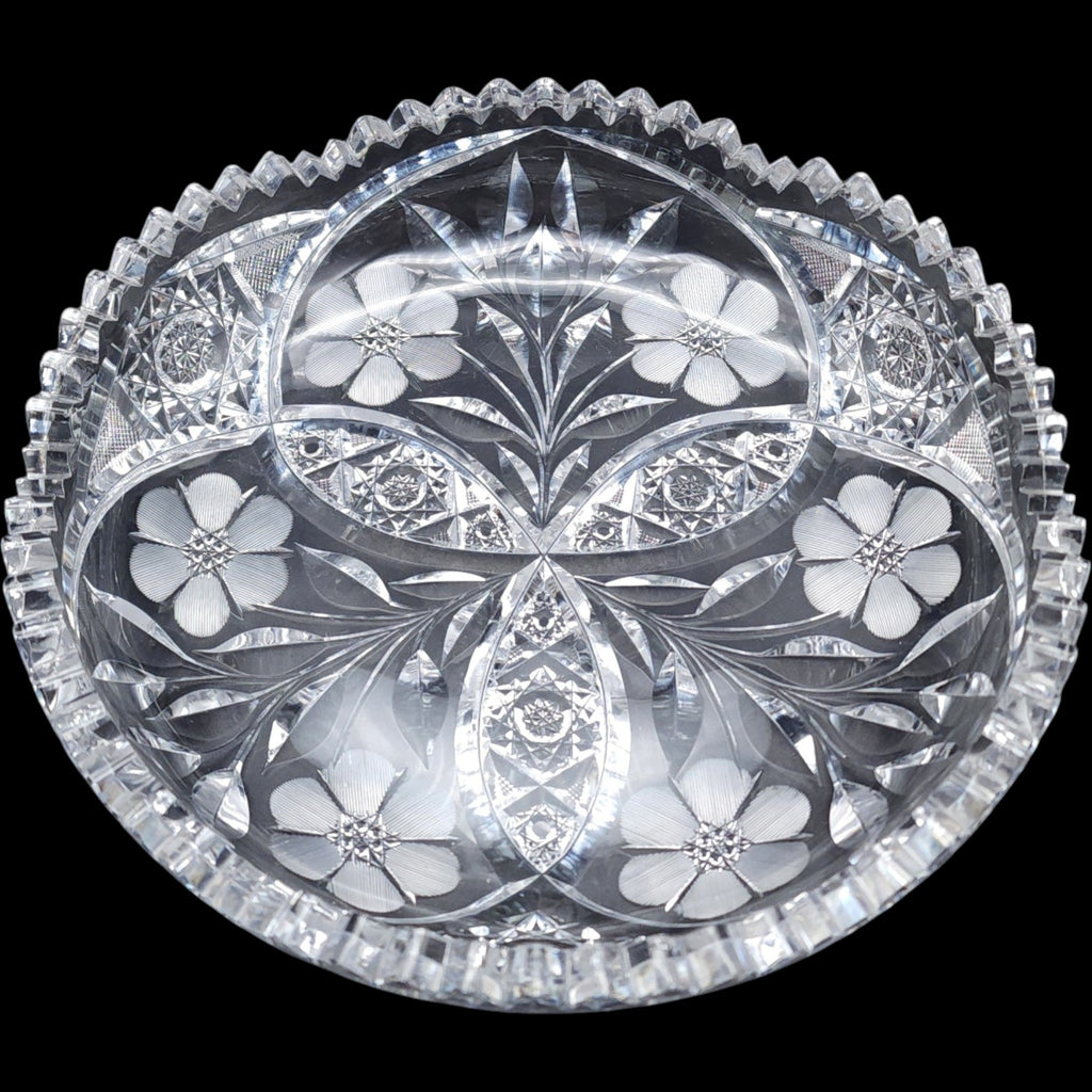 9" Antique American Brilliant Period Cut Glass Floral Bowl Daisy & Hobstar As-Is