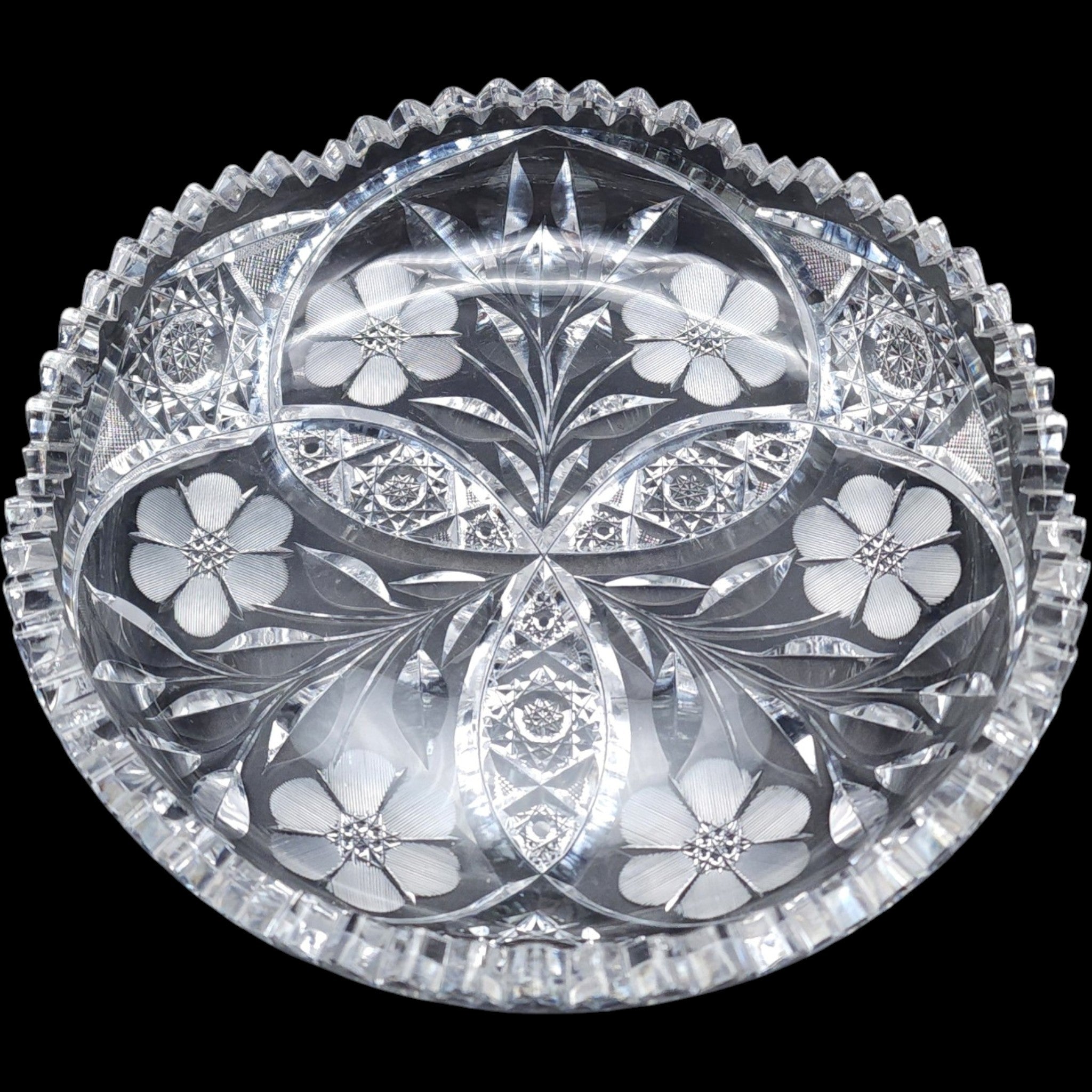 9" Antique American Brilliant Period Cut Glass Floral Bowl Daisy & Hobstar As-Is