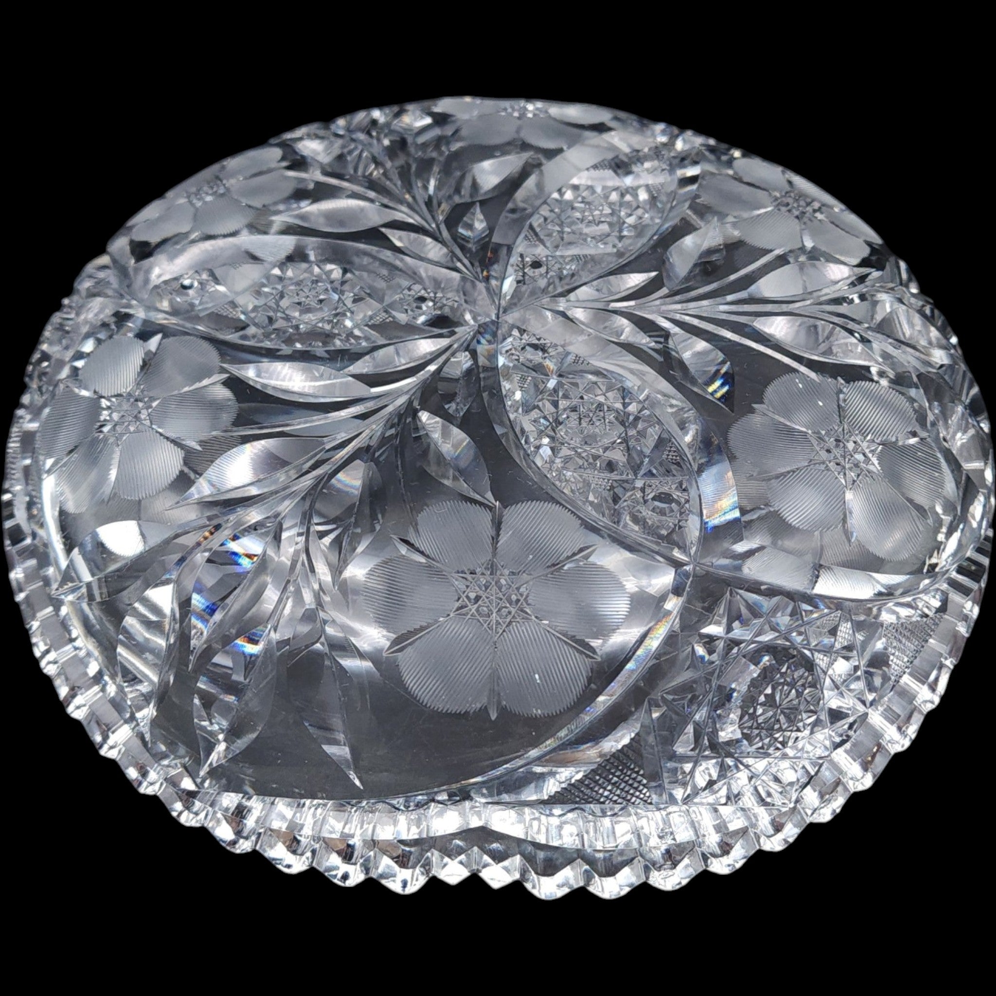 9" Antique American Brilliant Period Cut Glass Floral Bowl Daisy & Hobstar As-Is