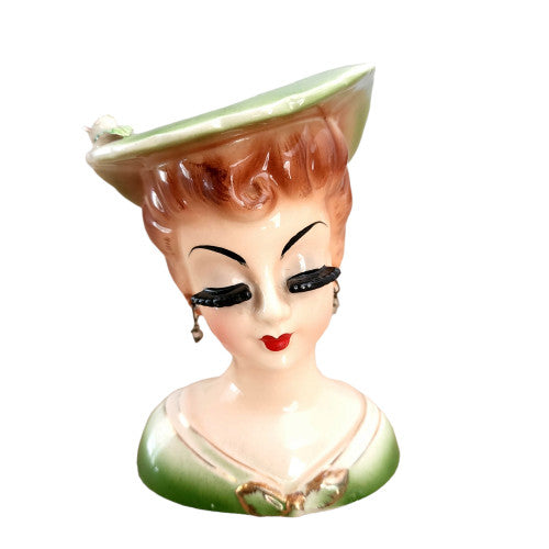 5"  Occupied Japan Lady With Faux Pearl Earings Ceramic Head Vase
