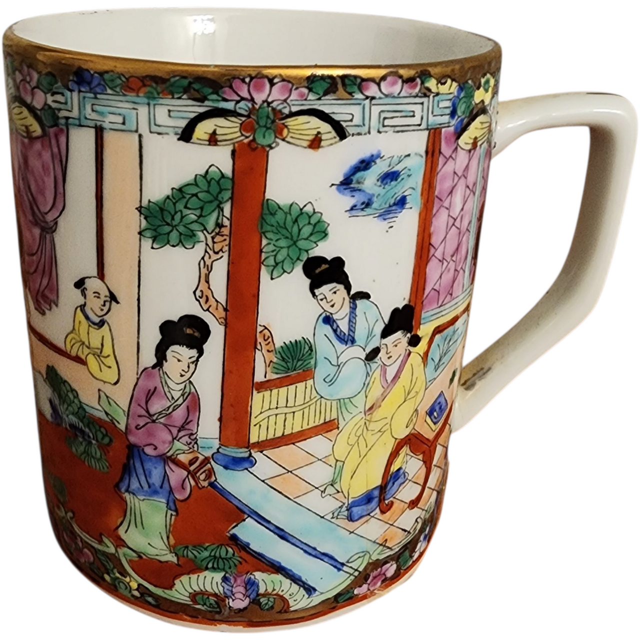 Vintage Chinese Porcelain Mug in the Famille Rose  Canton Rose Medallion Style
